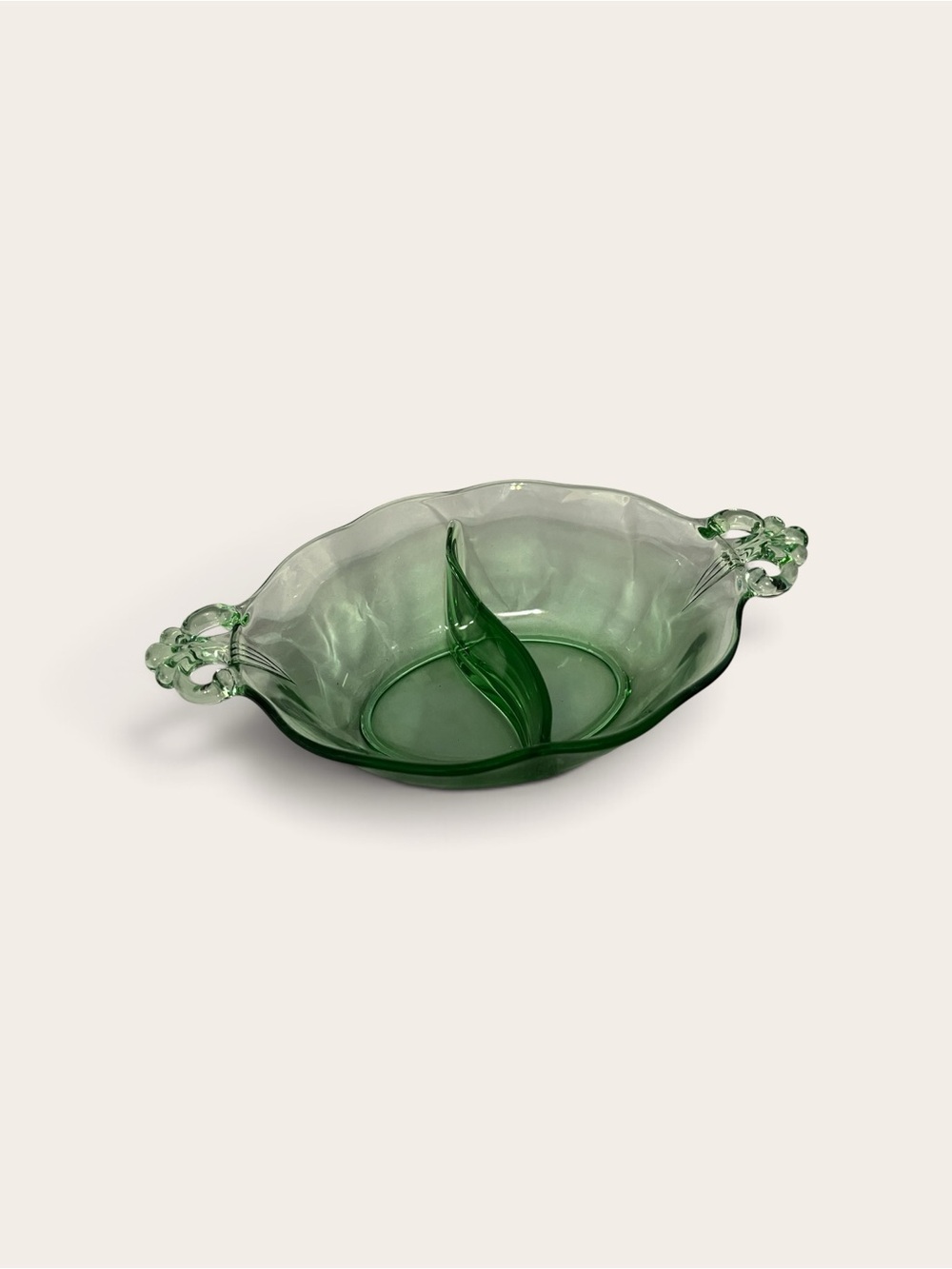 Green Glass Serving Bowl with Leaf Divider Vintage